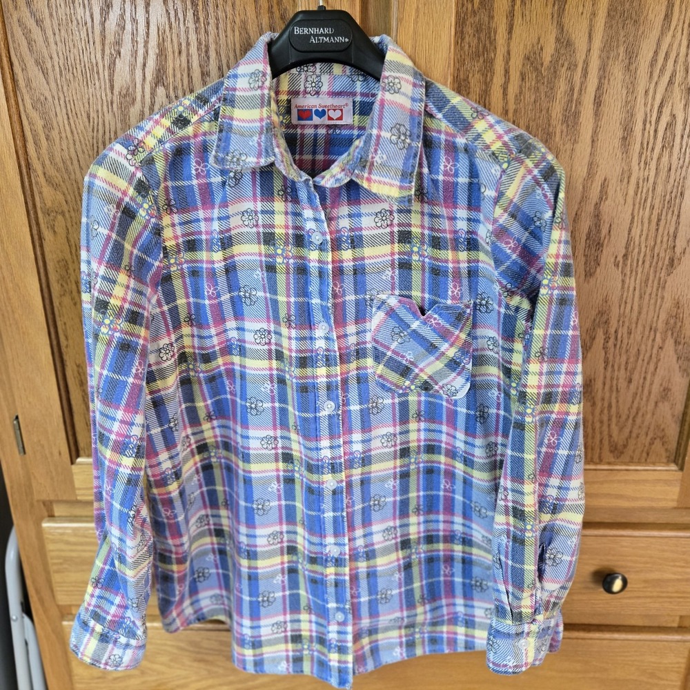 American Sweetheart Womens Size Medium Blue/Yellow/Pink Flannel  Button Up Shirt